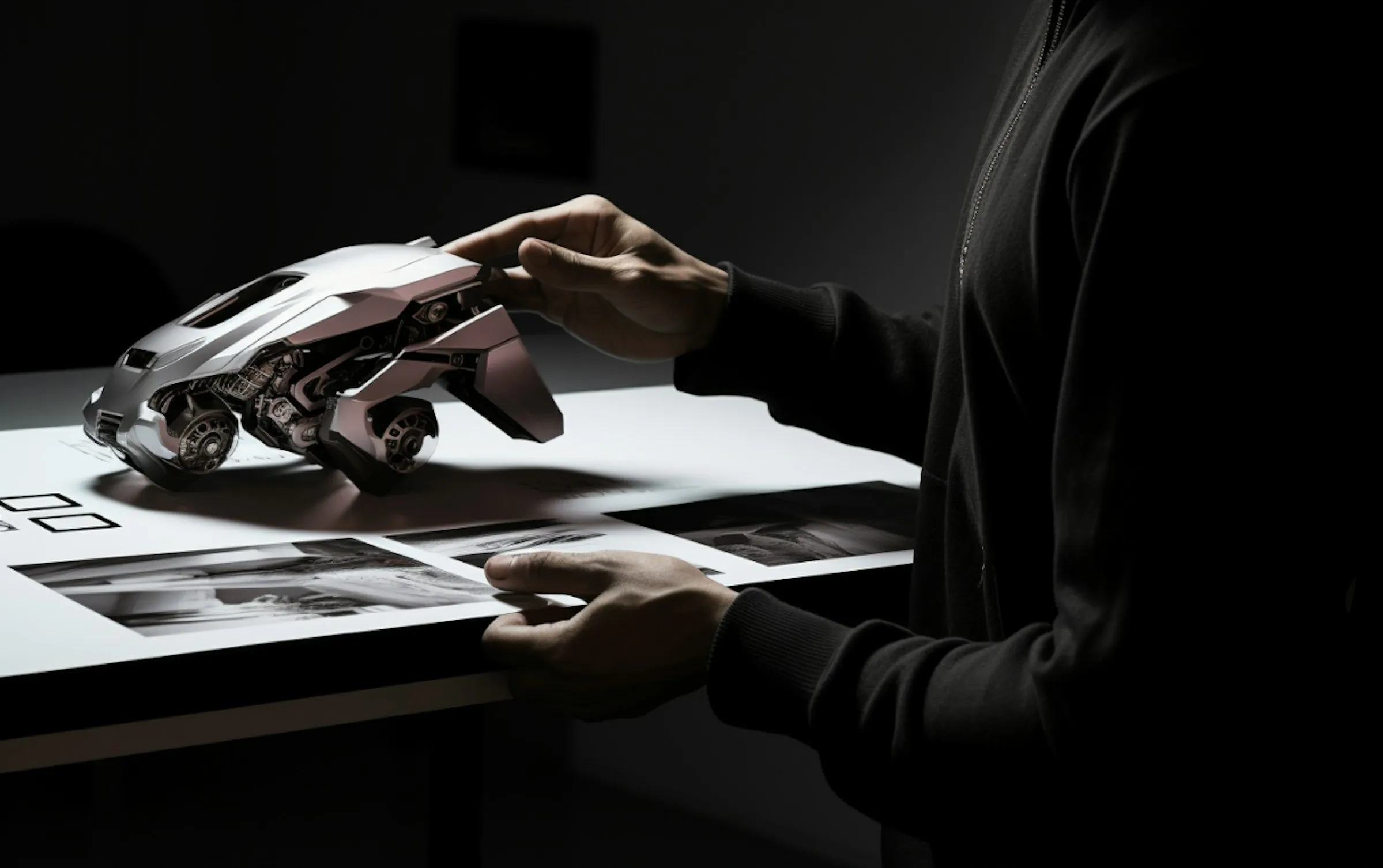 Maqueta de un vehículo conceptual junto a fotografías impresas en revisión