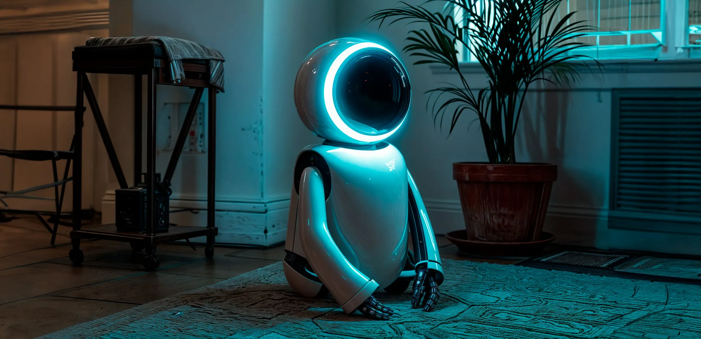 Robot doméstico blanco con pantalla circular luminosa junto a una planta