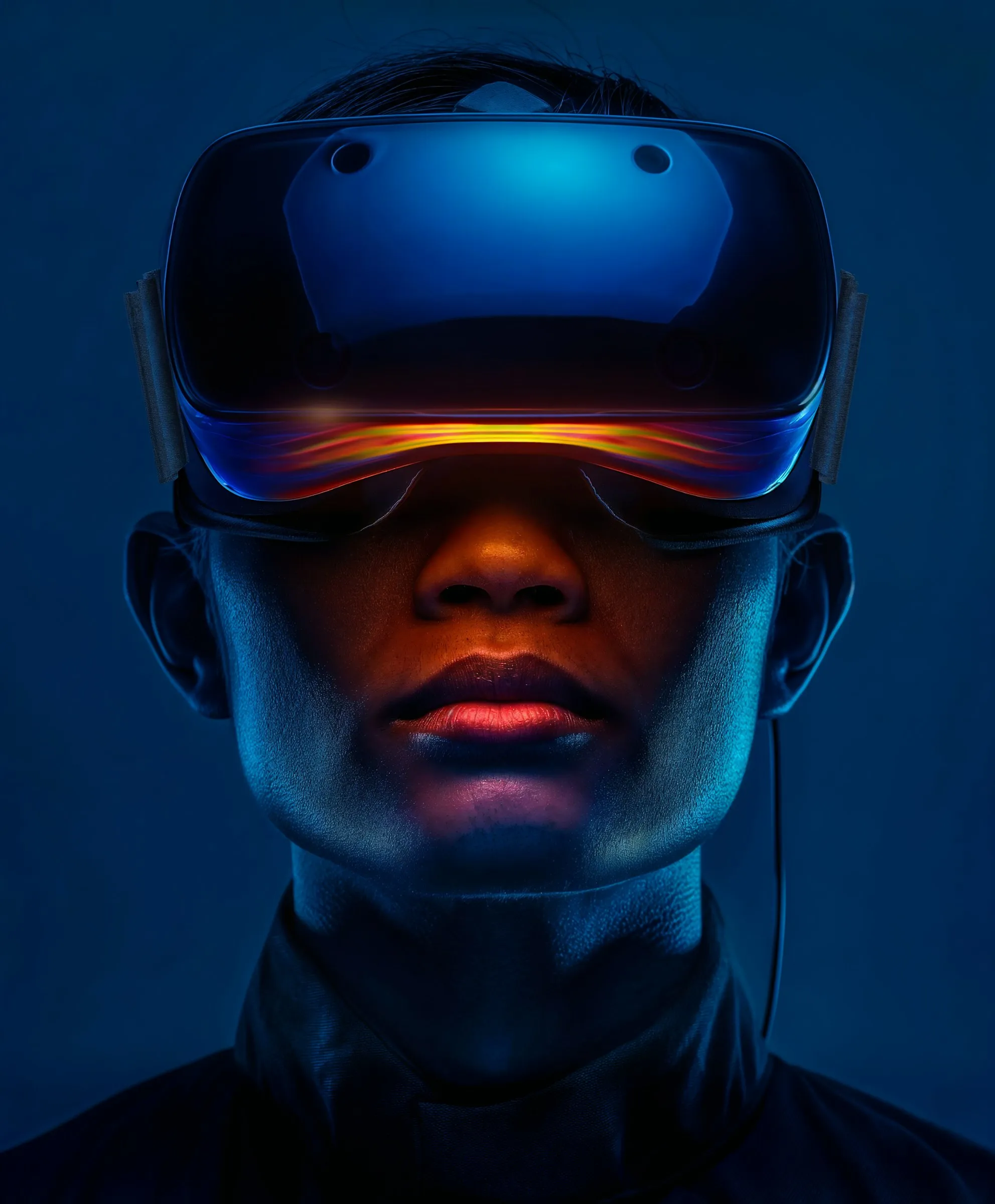 Persona con un visor de realidad virtual iluminado en naranja y azul