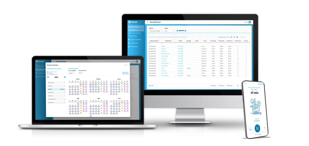 Portátil, monitor y móvil mostrando la app NiviN